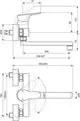 Wand-Küchenarmatur von Ideal Standard mit Hebelgriff und Auslauf. Seitliche Anschlüsse und Drehbereich. Technische Maße und Details im Diagramm dargestellt.